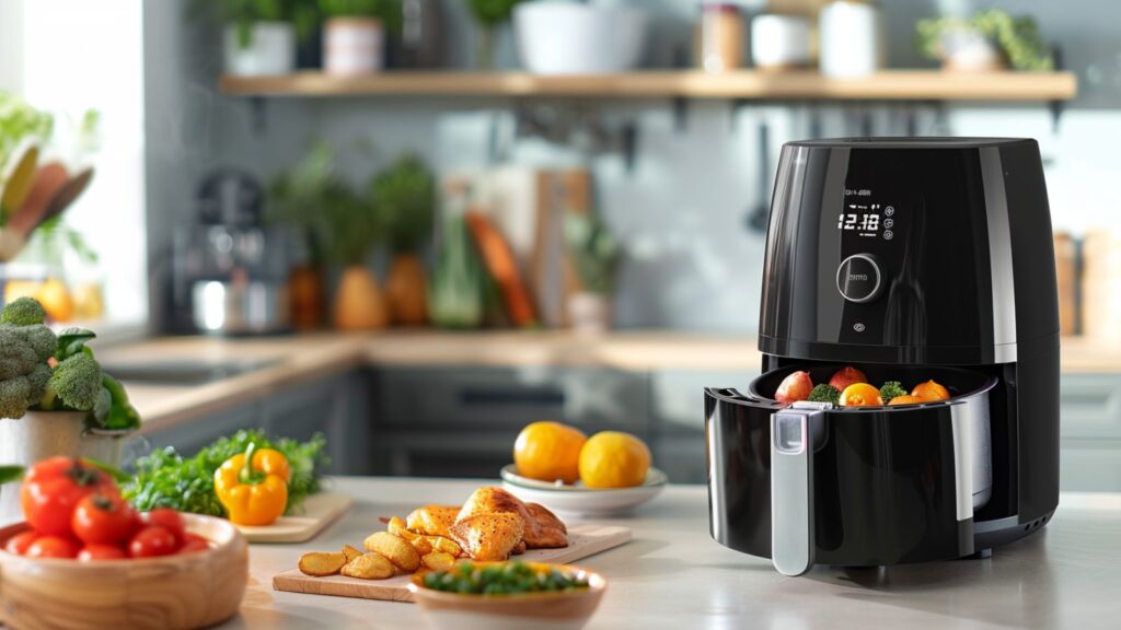 Markenfreier Airfryer mit verschiedenen Speisen auf einer modernen Küchenarbeitsfläche als Symbolbild für die richtige Airfryer-Größe.