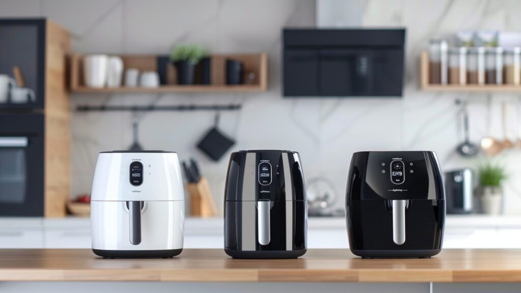 Drei markenfreie Airfryer unterschiedlicher Größe auf einer modernen Küchenarbeitsfläche als Symbolbild für die passende Airfryer-Größe.