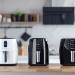Drei markenfreie Airfryer unterschiedlicher Größe auf einer modernen Küchenarbeitsfläche als Symbolbild für die passende Airfryer-Größe.