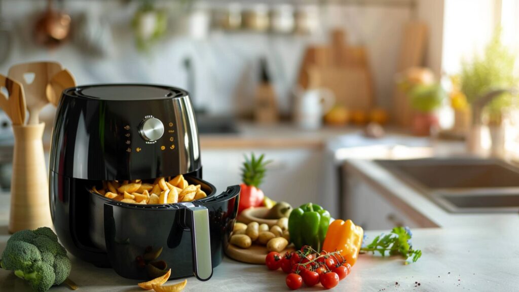 Markenfreier Airfryer mit Pommes und Gemüse auf einer modernen Küchenarbeitsfläche als Symbolbild für den Alltag mit einer Heissluftfritteuse.