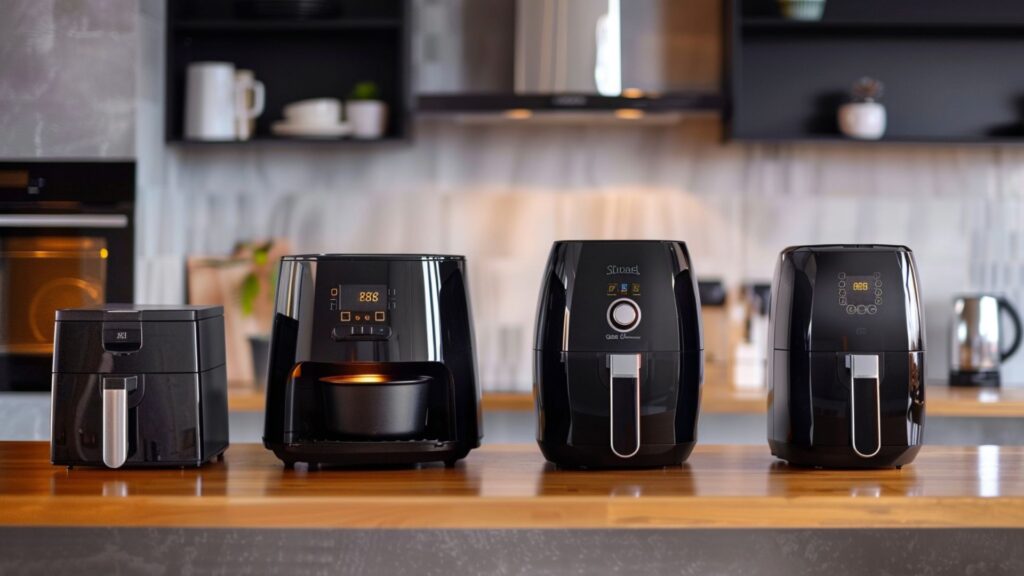 Markenfreie Airfryer-Typen auf einer modernen Küchenarbeitsfläche als Symbolbild für den Kauf einer Heissluftfritteuse.