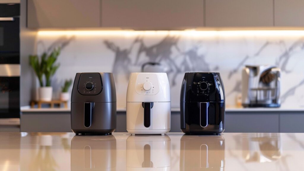 Drei markenfreie Airfryer auf einer modernen Küchenarbeitsfläche als Symbolbild für verschiedene Airfryer-Bauformen.
