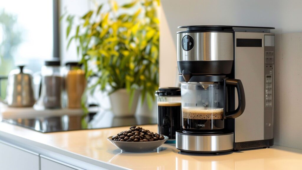 Markenfreie Frühstücksszene mit Filterkaffeemaschine, Thermoskanne, Kaffeetassen und frischem Kaffee