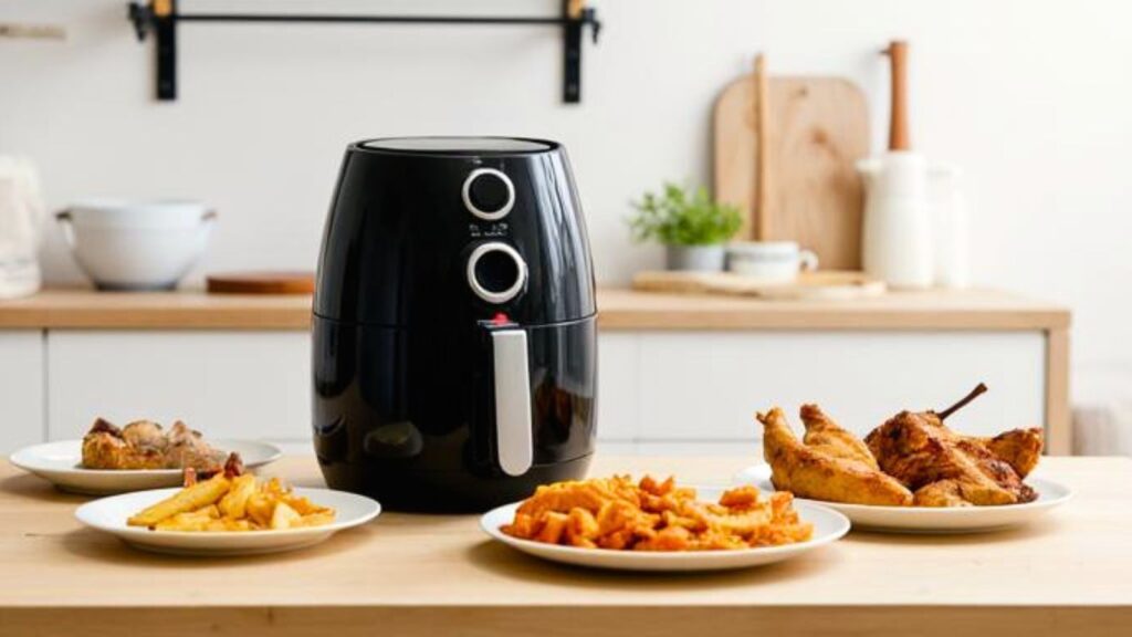 Generische Alltagsszene mit Airfryer, Pommes, Gemüse und Hähnchen auf einer modernen Küchenarbeitsfläche