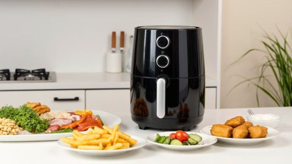 Generische Alltagsszene mit Tower-Airfryer, Pommes und Gemüse auf einer modernen Küchenarbeitsfläche