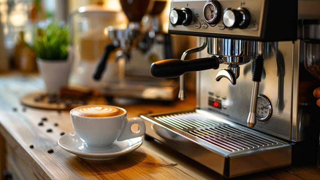 Generische Alltagsszene mit Espresso und Cappuccino neben einer kompakten Siebträgermaschine