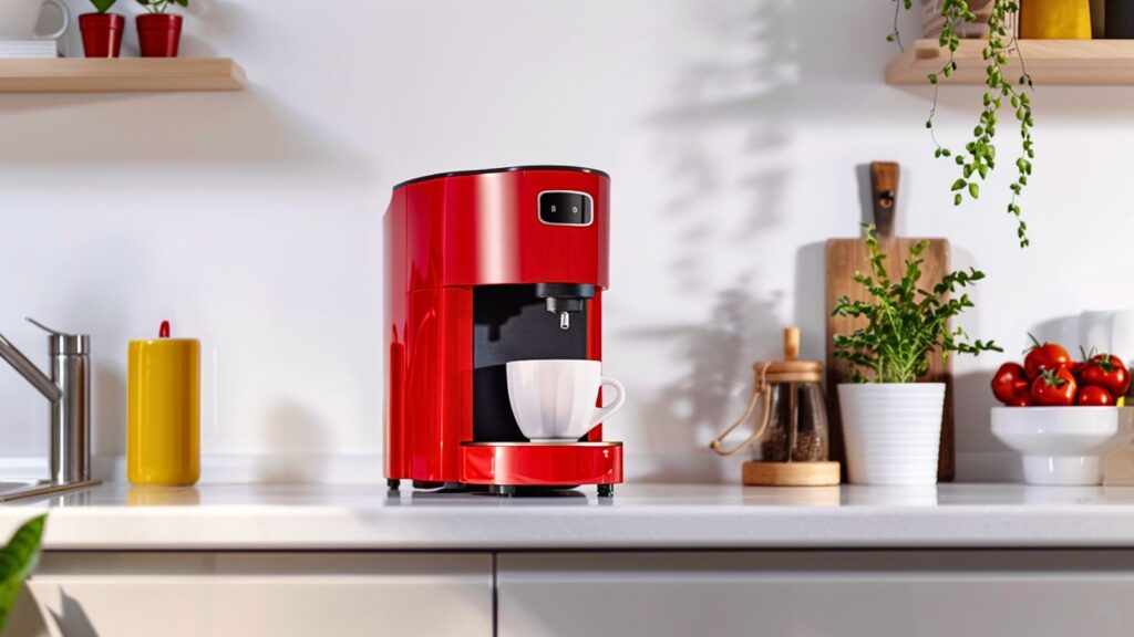 Detailansicht einer kompakten Kapselmaschine mit zwei Bedientasten für Espresso und Lungo
