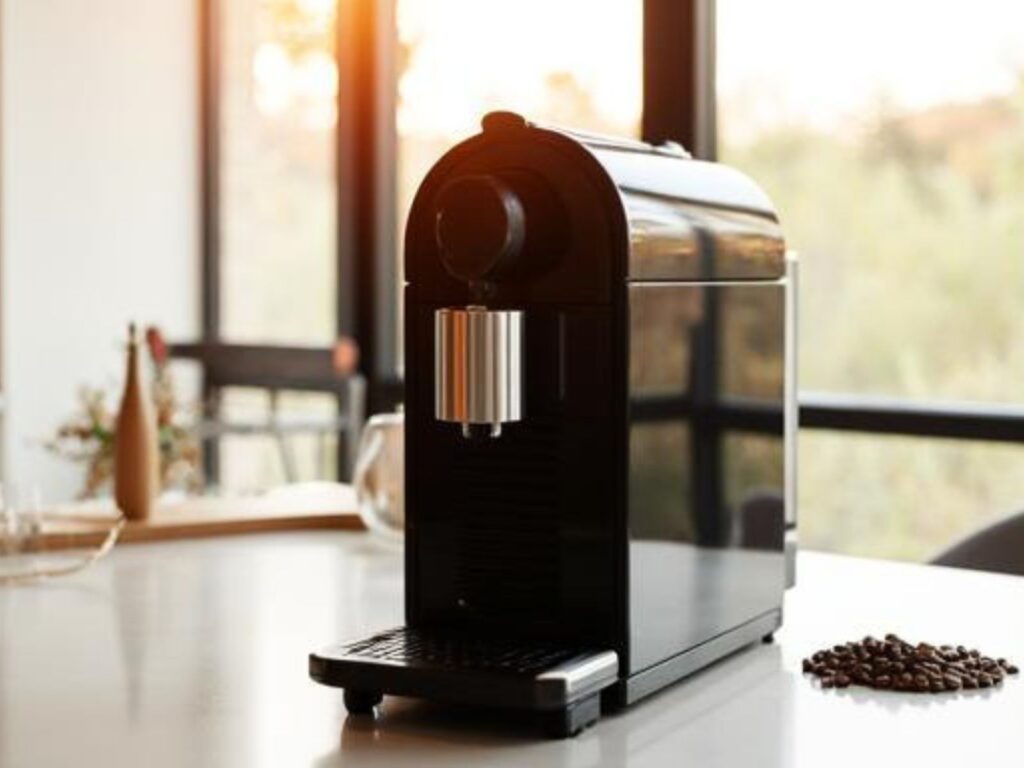 Schwarzer Kaffeevollautomat in Frontansicht auf einer hellen Küchenarbeitsplatte