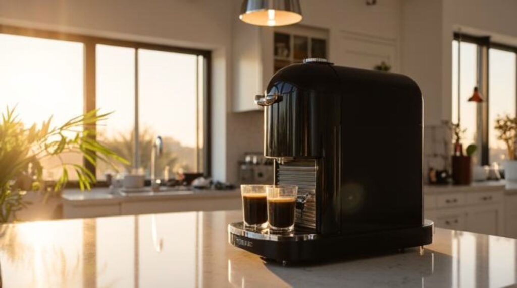 Generisches Hero-Bild eines schwarzen Kaffeevollautomaten auf einer modernen Küchentheke