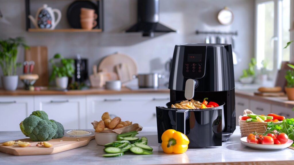 Markenfreie Alltagsszene mit Airfryer, Pommes und Gemüse als Symbolbild für einen Tower-Airfryer-Vergleich