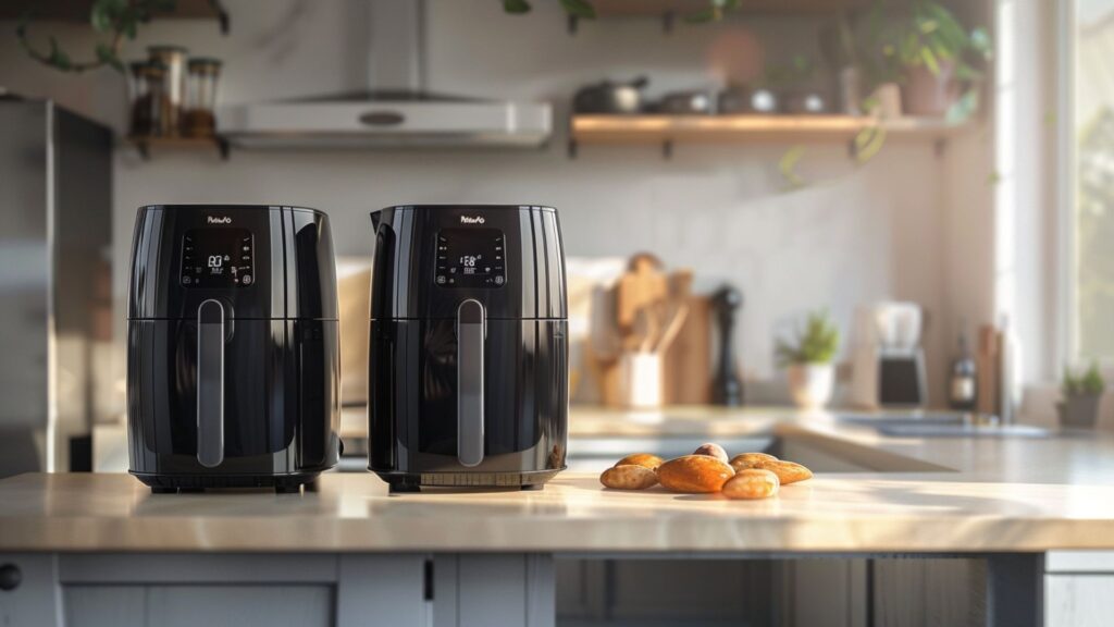 Symbolbild für den Vergleich zweier markenfreier Airfryer mit kompakter vertikaler Anmutung auf einer modernen Küchenarbeitsfläche