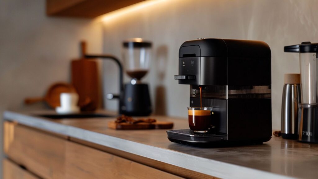 Markenfreie Alltagsszene mit kompakter Kapselmaschine und Espressotasse auf einer hellen Küchenarbeitsfläche