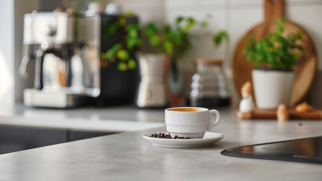 Kaffeetasse mit Kaffeebohnen auf einer modernen Küchenarbeitsfläche als ruhige Alltagsszene zum Kauf einer Kaffeemaschine.