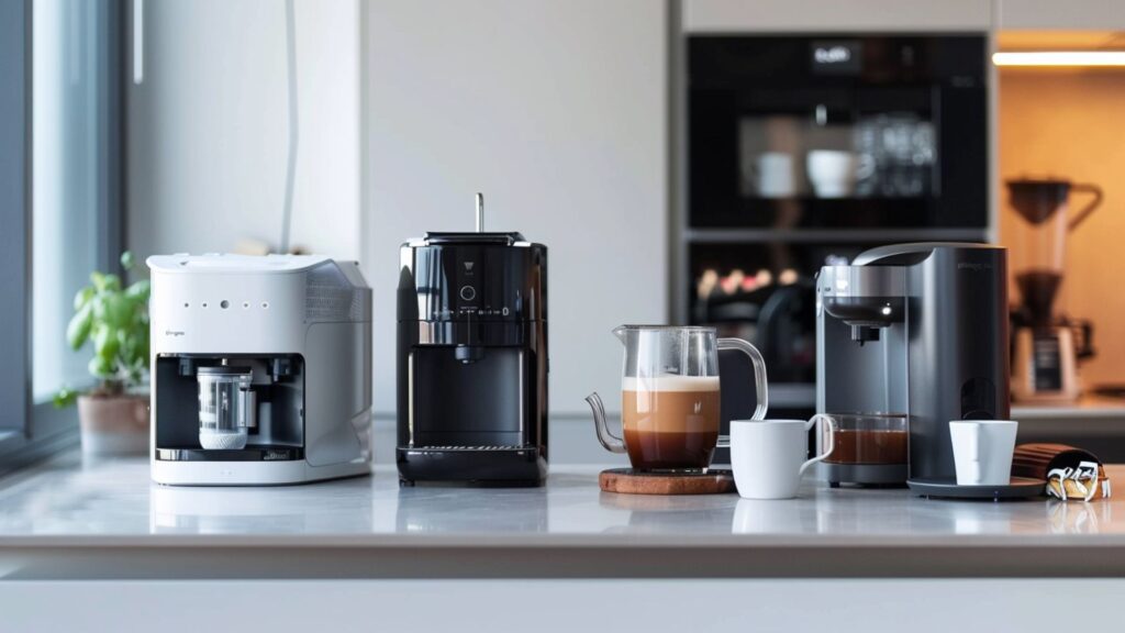 Markenfreie Kaffeemaschinen-Typen mit Tasse, Bohnen, Kapseln und Papierfiltern auf einer modernen Küchenarbeitsfläche als Symbolbild für den Kauf einer Kaffeemaschine.