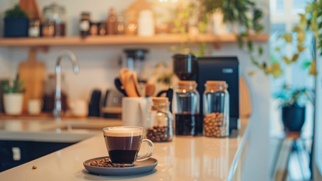 Kaffeetasse mit Bohnen, Kapseln, Pads und Filterkaffee auf einer modernen Küchenarbeitsfläche als Symbolbild für die Wahl der passenden Kaffeemaschine.