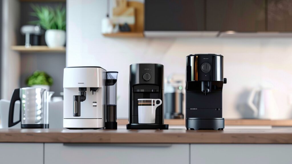 Markenfreie Kaffeemaschinen-Typen wie Kaffeevollautomat, Kapselmaschine und Filterkaffeemaschine auf einer modernen Küchenarbeitsfläche als Symbolbild zur Kaufentscheidung.