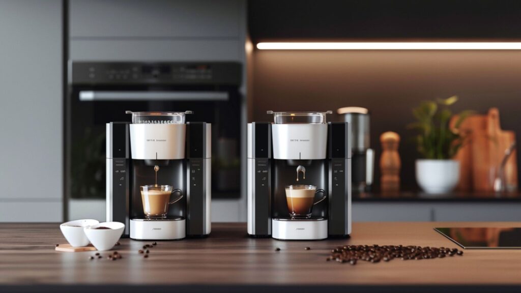 Markenfreie Alltagsszene mit Kaffeevollautomat, Kaffeetasse und frisch zubereitetem Kaffee auf moderner Küchenarbeitsfläche
