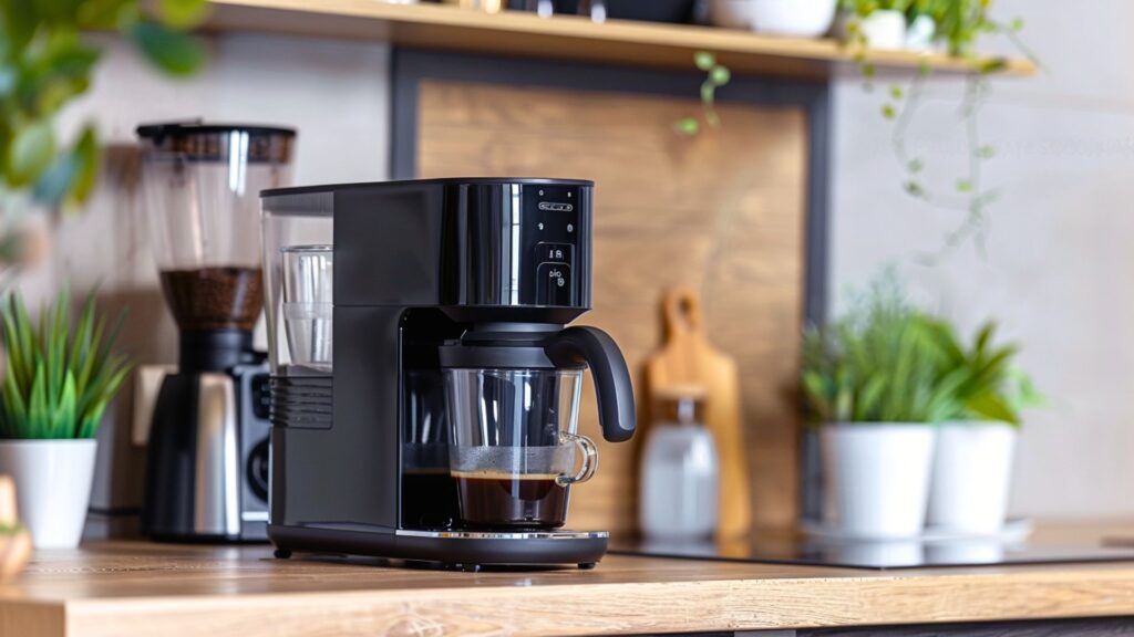 Generisches Hero-Bild einer schwarzen Filterkaffeemaschine mit Edelstahl-Thermkanne auf einer modernen Küchentheke