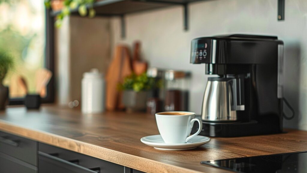 Generische Szene mit Kaffee aus einer Edelstahl-Thermkanne in eine Tasse als Symbolbild für Filterkaffee im Alltag