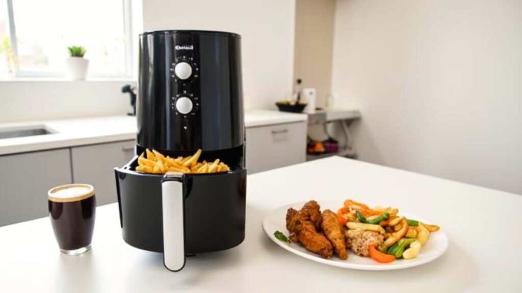 Generische Alltagsszene mit Airfryer, Pommes, Gemüse und Hähnchen auf einer modernen Küchenarbeitsfläche