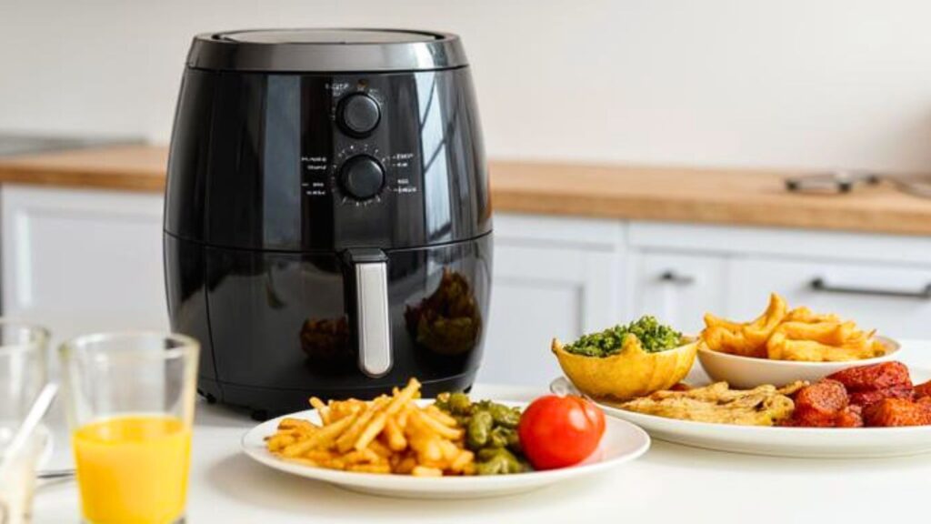 Generische Alltagsszene mit Heißluftfritteuse, Pommes und Gemüse auf einer modernen Küchenarbeitsfläche