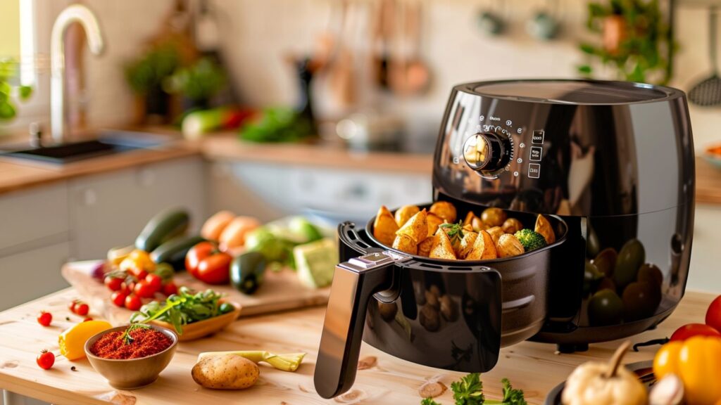 Markenfreie Alltagsszene mit Airfryer, Kartoffeln und Gemüse als Symbolbild für einen Dual-Zone-Airfryer-Vergleich