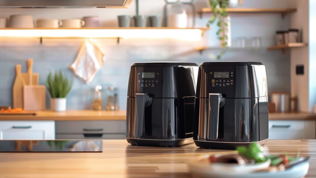 Symbolbild für den Vergleich zweier großer markenfreier Dual-Zone-Airfryer auf einer modernen Küchenarbeitsfläche