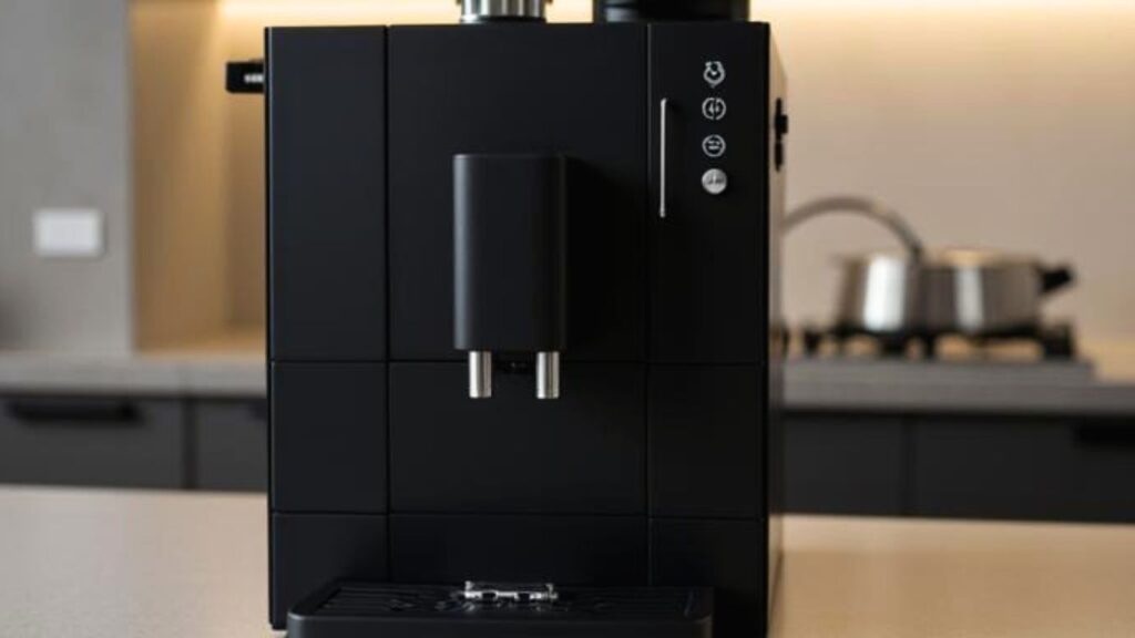 Detailansicht eines schwarzen Kaffeevollautomaten mit Bedienfeld, Kaffeeauslauf und Abtropfschale