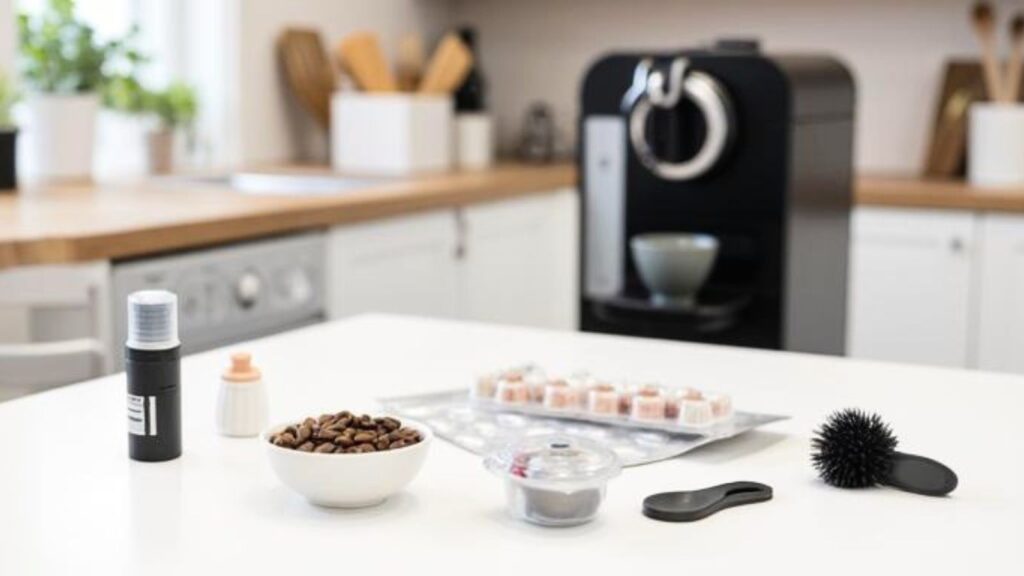 Generisches Bild mit Kaffeebohnen, Reinigungstabletten und Zubehör für einen Kaffeevollautomaten