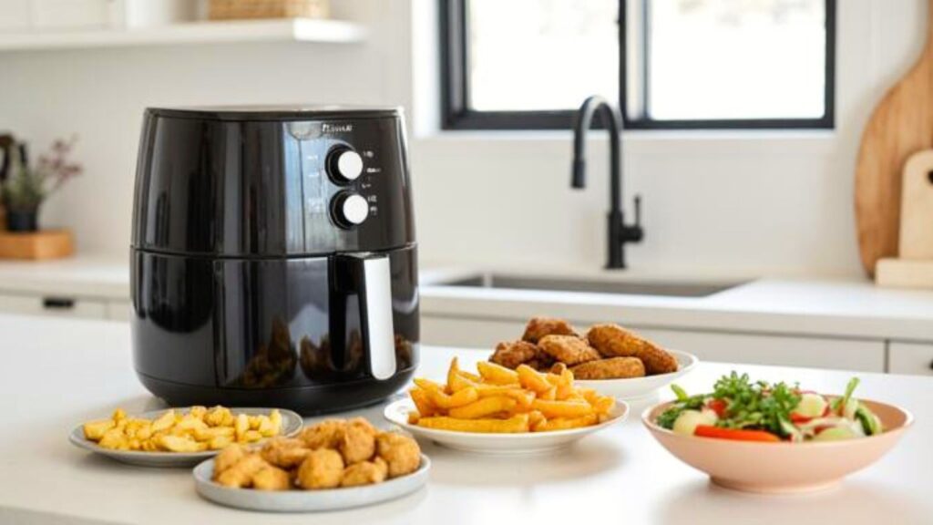 Generische Alltagsszene mit kompaktem Airfryer, kleiner Portion Pommes und Gemüse auf einer modernen Küchenarbeitsfläche