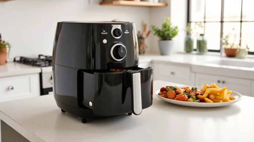 Generische Alltagsszene mit Airfryer, Pommes und Gemüse auf einer modernen Küchenarbeitsfläche