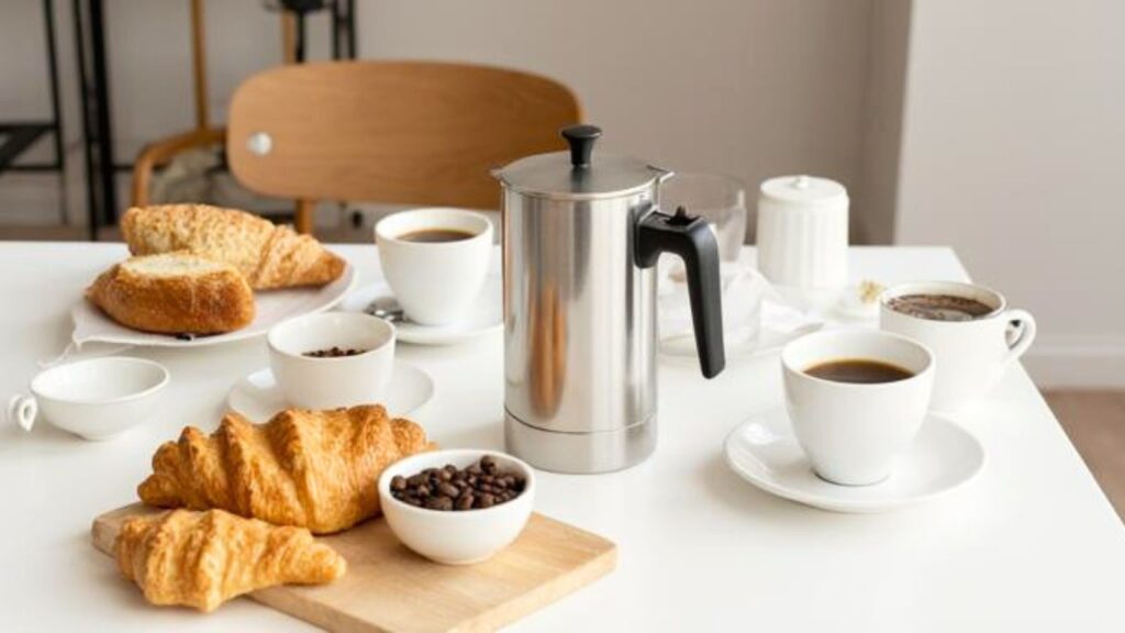 Generische Filterkaffee-Frühstücksszene mit Thermoskanne und Tassen auf einer modernen Küchenarbeitsfläche