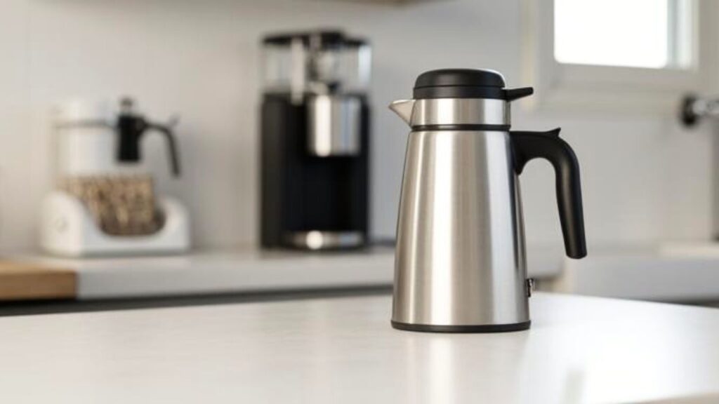 Detailansicht einer Edelstahl-Thermoskanne mit Ausgießer einer Filterkaffeemaschine