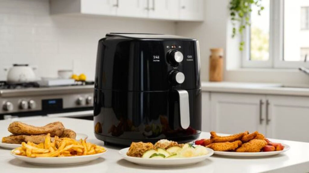 Generische Alltagsszene mit Airfryer, Gemüse, Hähnchen und Pommes auf einer modernen Küchenarbeitsfläche