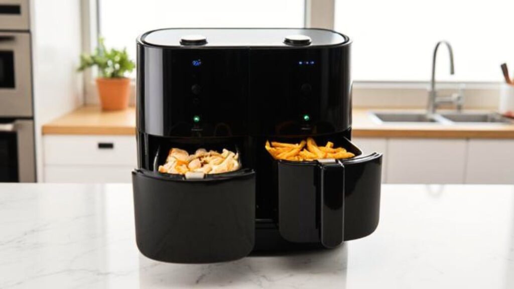 Generisches Bild eines Dual-Basket-Airfryers mit zwei Körben auf einer modernen Küchenarbeitsfläche