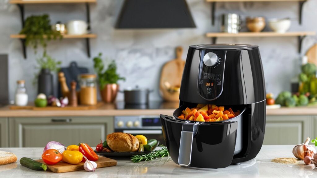 Markenfreie Alltagsszene mit Airfryer, Gemüse und Pommes als Symbolbild für einen Dual-Basket-Airfryer-Vergleich.