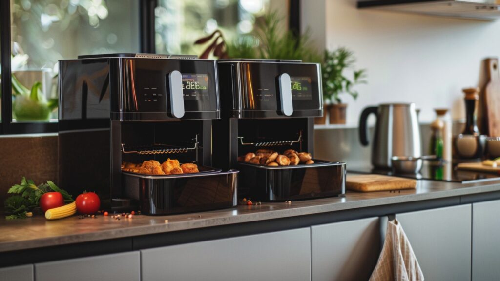 Symbolbild für den Vergleich zweier markenfreier Dual-Basket-Airfryer auf einer modernen Küchenarbeitsfläche.