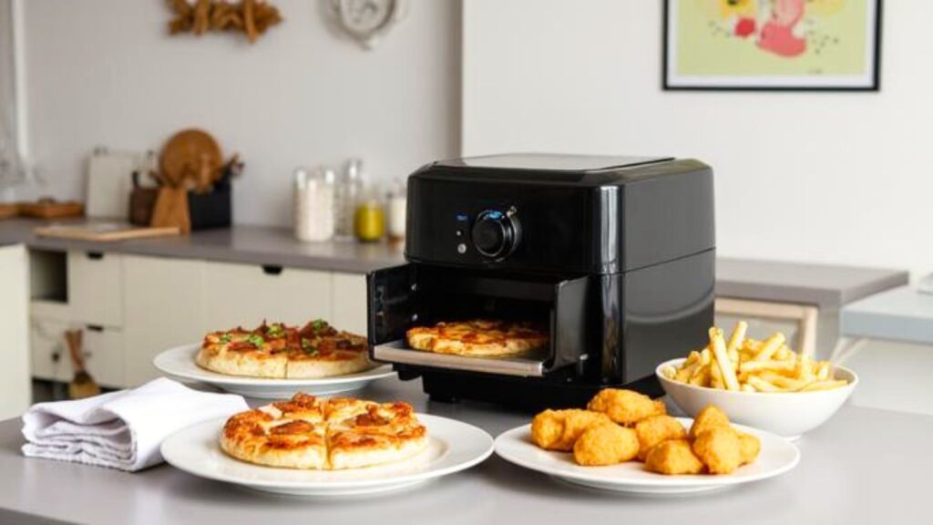 Generische Alltagsszene mit flachem Airfryer, Pizza, Pommes und Snacks auf einer modernen Küchenarbeitsfläche