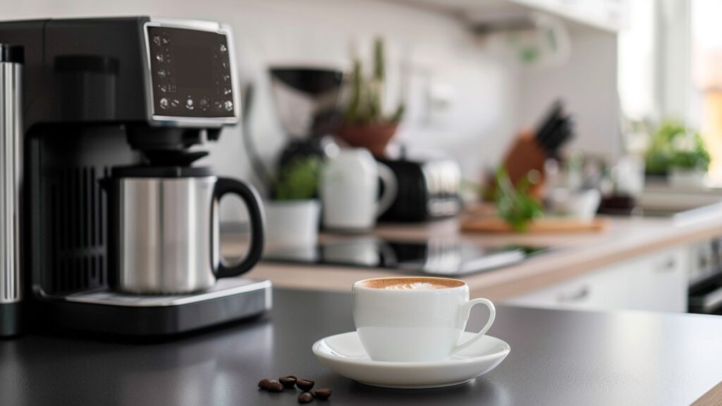 Kaffeetasse mit Kaffeemaschine im Hintergrund als Symbolbild für Kaffeevollautomat oder Kapselmaschine.