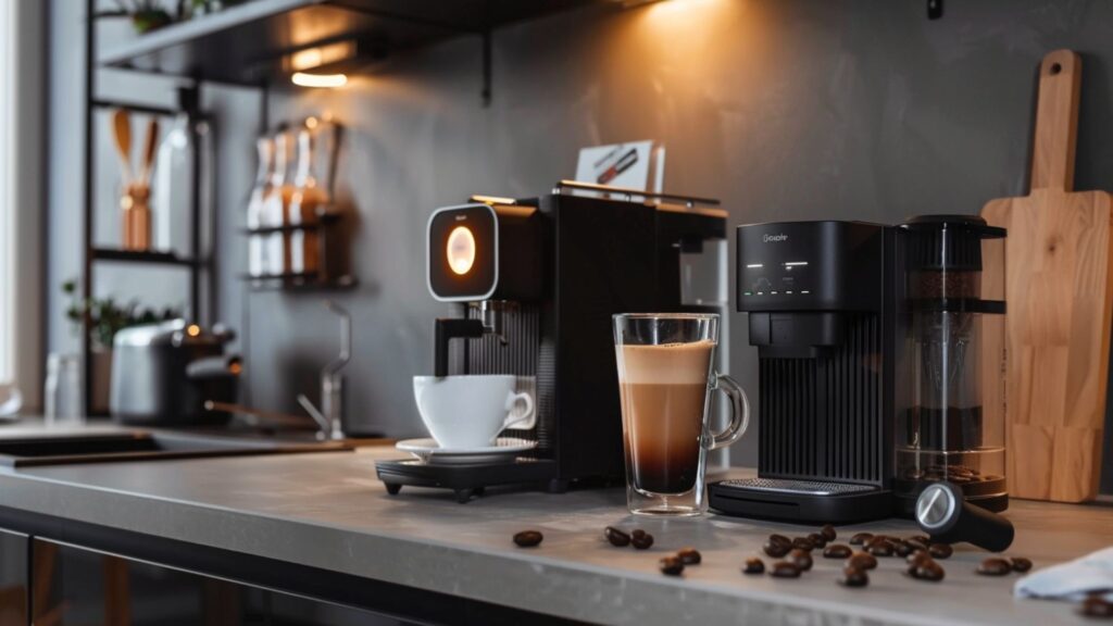 Markenfreier Kaffeevollautomat und kompakte Kapselmaschine auf einer modernen Küchenarbeitsfläche als Symbolbild für die Kaufentscheidung.