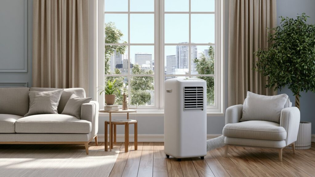 Markenfreie Alltagsszene mit mobiler Klimaanlage und Abluftschlauch am Fenster