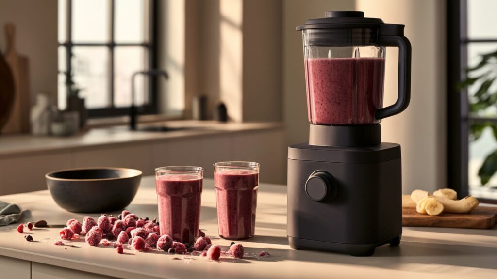 Markenfreie Alltagsszene mit Standmixer, Smoothies, gefrorenen Früchten und größerer Zubereitungsschale