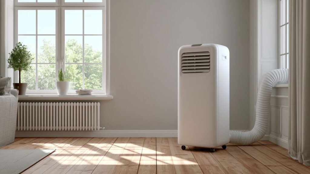 Markenfreie mobile Klimaanlage mit Abluftschlauch am Fenster in einfacher Installation