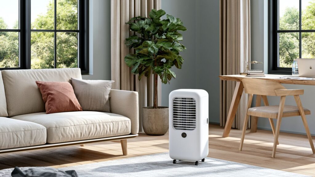 Markenfreie Alltagsszene mit mobilem Luftkühler im hellen Wohnraum