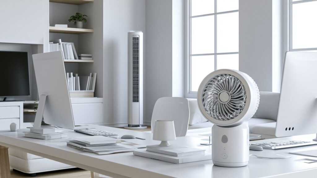 Markenfreie Homeoffice-Szene mit Mini-Luftkühler am Schreibtisch und mobilem Luftkühler im Raum