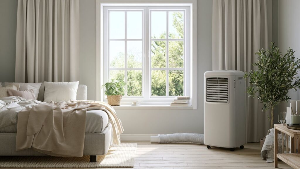 Mobile Klimaanlage mit Abluftschlauch und Fensterabdichtung in heller Alltagsszene