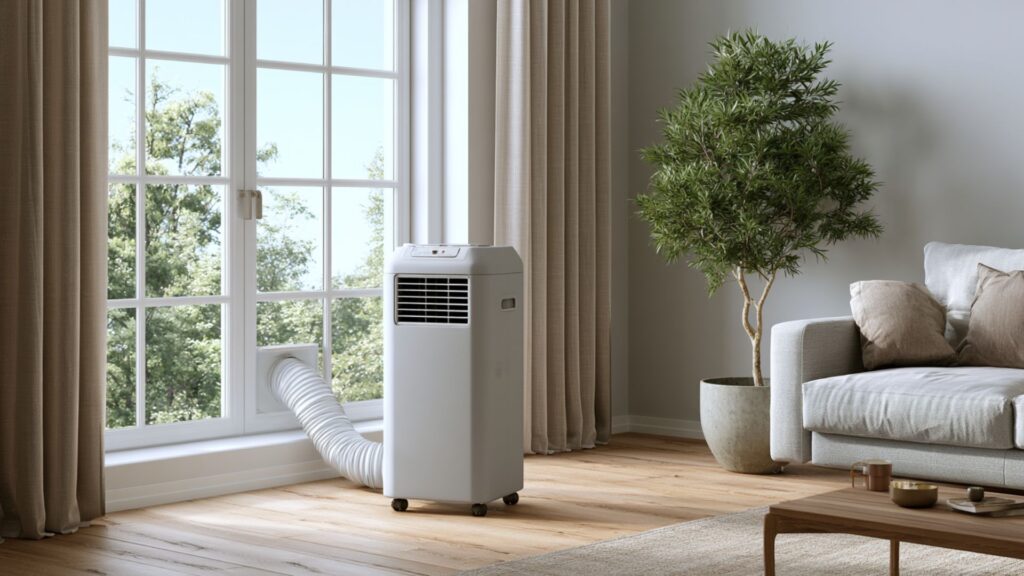Mobile Klimaanlage mit Abluftschlauch nahe einem Fenster in heller Wohnraumszene