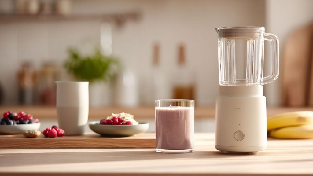 Markenfreie Alltagsszene mit kompaktem Smoothie-Mixer, Trinkflasche, Mixbecher und vorbereiteten Früchten