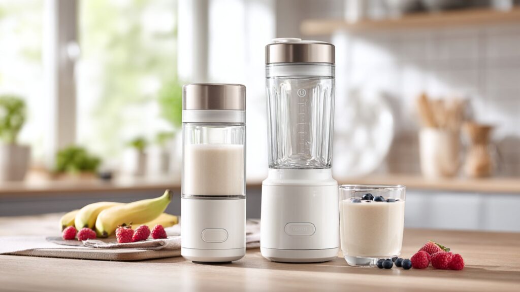 Markenfreies Vergleichsbild zweier kompakter Smoothie-Mixer auf heller Küchenarbeitsfläche