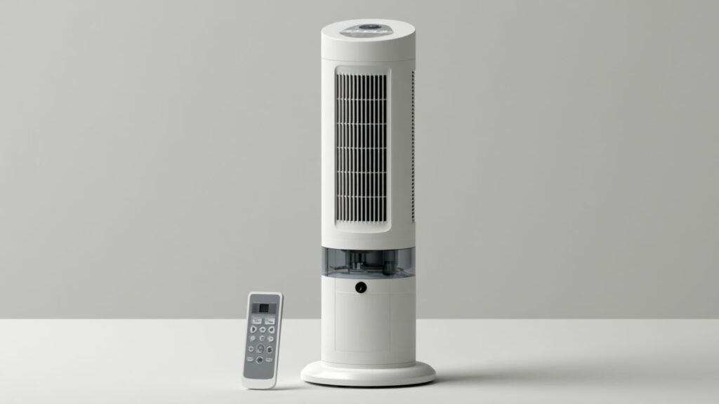 Markenfreier Turmventilator mit Wasserkühlung und Fernbedienung auf neutralem Hintergrund